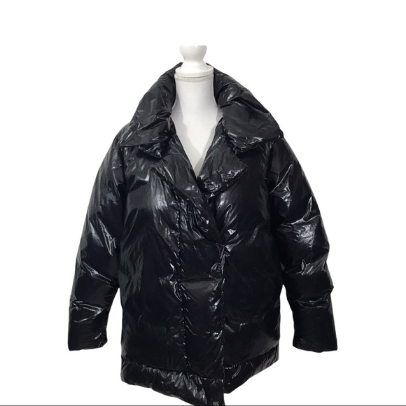 Bacon Women Small Black Shiny Pocketed Zippered Hooded Down Puffer Jacket - Picture 2 of 16